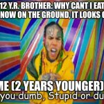 Are you dumb stupid or dumb? | 12 Y.R. BROTHER: WHY CANT I EAT THE SNOW ON THE GROUND, IT LOOKS CLEAN; ME (2 YEARS YOUNGER): | image tagged in are you dumb stupid or dumb | made w/ Imgflip meme maker