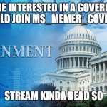 Comment if interested | ANYONE INTERESTED IN A GOVERNMENT RP SHOULD JOIN MS_MEMER_GOVERNMENT; STREAM KINDA DEAD SO | image tagged in government meme | made w/ Imgflip meme maker