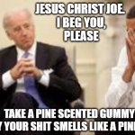 Take a Pine Scented Gummy Bear | JESUS CHRIST JOE. 
I BEG YOU,
PLEASE; TAKE A PINE SCENTED GUMMY 
THAT WAY YOUR SHIT SMELLS LIKE A PINE FORREST. | image tagged in obama and biden | made w/ Imgflip meme maker