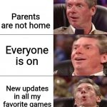 DINO NUGGIES | It's Saturday; Parents are not home; Everyone is on; New updates in all my favorite games; There is Dino nuggies | image tagged in happy happier happiest overly happy pog | made w/ Imgflip meme maker