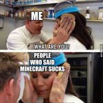 never gonna give you up | ME; PEOPLE WHO SAID MINECRAFT SUCKS | image tagged in idiot sandwich,minecraft,memes,funny | made w/ Imgflip meme maker
