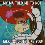 Ma told me to not talk to idiots like you! | MY MA TOLD ME TO NOT; TALK TO IDIOTS LIKE YOU! | image tagged in sandy cheeks,sandy cheeks cowboy hat,spongebob squarepants,memes,funny | made w/ Imgflip meme maker