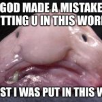 Blobfish | GOD MADE A MISTAKE PUTTING U IN THIS WORLD. AT LEAST I WAS PUT IN THIS WORLD | image tagged in blobfish | made w/ Imgflip meme maker