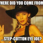Kylie never too late | WHERE DID YOU COME FROM... ...STEP-COTTON EYE JOE? | image tagged in kylie never too late | made w/ Imgflip meme maker