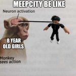 Slender brain washing | MEEPCITY BE LIKE; 8 YEAR OLD GIRLS | image tagged in monkey brain activation,slender,monkey brain,brain | made w/ Imgflip meme maker