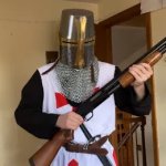 Crusader holding rifle meme