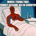 To think that Turkey included in the EU. | WHEN I THINK THAT TURKEY BECOME AN EU COUNTRY | image tagged in spiderman in hospital,funny,funny memes,funny meme,memes,turkey | made w/ Imgflip meme maker