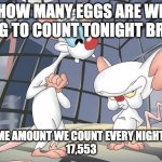 Counting Eggs | HOW MANY EGGS ARE WE GOING TO COUNT TONIGHT BRAIN? THE SAME AMOUNT WE COUNT EVERY NIGHT PINKY, 
17,553 | image tagged in pink and the brain ir | made w/ Imgflip meme maker