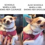 Legit tho | SCHOOLS WHEN A GIRL SHOWS HER CLEAVAGE; ALSO SCHOOLS WHEN A GIRL SHOWS HER SHOULDER | image tagged in happy dog then angry dog,school meme | made w/ Imgflip meme maker