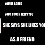 Black Template | YOU'RE BORED; YOUR CRUSH TEXTS YOU; SHE SAYS SHE LIKES YOU; AS A FRIEND | image tagged in black template | made w/ Imgflip meme maker