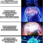 levels of intelligence | WATCHING SOMETHING IN FIRST BORN LANGUAGE; WATCHING SAID CONTENT DUBBED IN A DIFFERENT LANGUAGE WITH SUBTITLES; WATCHING SAID CONTENT DUBBED IN A DIFFERENT LANGUAGE WITH NO SUBTITLES; TOOK A COURSE OF LEARNING THE DIFFERENT LANGUAGE  AND REWATCHING IT WITH SAID LANGUAGE WITH NO SUBTITLES | image tagged in levels of intelligence | made w/ Imgflip meme maker