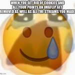 WHYYYYYYYYYYYYYYYYYYYYYYYYYYYYYYYYYYYYYYYYY | WHEN YOU GET RID OF COOKIES AND ALL YOUR POINTS ON IMGFLIP GET REMOVED AS WELL AS ALL THE STREAMS YOU MADE. | image tagged in pain,is,all,i,feel | made w/ Imgflip meme maker