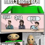 Baldi's pi day special | WHAT'S THE FIRST 3 DIGITS OF PI; 3.14; 3.14; PIE; WAIT, WHAT ARE YOU DOI- | image tagged in baldi s meeting suggestion | made w/ Imgflip meme maker