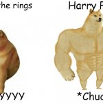 Buff Doge vs. Cheems (reversed) | Lord of the rings; Harry Potter; *Chuckle*; WHYYYY | image tagged in buff doge vs cheems reversed | made w/ Imgflip meme maker