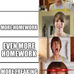 Fred reacts to more homework | HOMEWORK; MORE HOMEWORK; EVEN MORE HOMEWORK; MORE FREAKING HOMEWORK | image tagged in fred reaction,homework,reaction,memes,fred | made w/ Imgflip meme maker