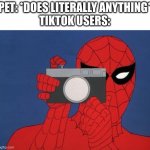 Spiderman Camera Meme | PET: *DOES LITERALLY ANYTHING*
TIKTOK USERS: | image tagged in memes,spiderman camera,spiderman | made w/ Imgflip meme maker