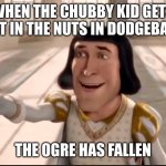 The Ogre Has Fallen In Love With The Princess | WHEN THE CHUBBY KID GETS HIT IN THE NUTS IN DODGEBALL; THE OGRE HAS FALLEN | image tagged in the ogre has fallen in love with the princess | made w/ Imgflip meme maker