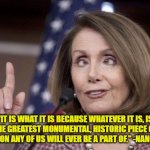Nancy pelosi | "IT IS WHAT IT IS BECAUSE WHATEVER IT IS, IS THE GREATEST MONUMENTAL, HISTORIC PIECE OF LEGISLATION ANY OF US WILL EVER BE A PART OF." -NANCY PELOSI | image tagged in nancy pelosi,inspirational quote,funny quotes | made w/ Imgflip meme maker
