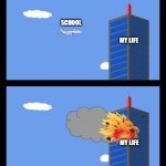 9/11 isn't funny but I found this comic online and turned it into a meme | SCHOOL; MY LIFE; MY LIFE | image tagged in plane heading towards tower,school sucks,giant jalapenos will rule the world one day,skibidi bop mm dada | made w/ Imgflip meme maker