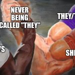 its sad | NEVER BEING CALLED "THEY"; THEY/THEMS; HE/THEYS; SHE/THEYS | image tagged in triple handshake meme | made w/ Imgflip meme maker