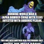 Skeletor disturbing facts | DURNING WORLD WAR II, JAPAN BOMBED CHINA WITH FLEAS INFESTED WITH BUBONIC PLAGUE. THIS HAS BEEN ANOTHER REAL DISTURBING FACT. | image tagged in skeletor disturbing facts | made w/ Imgflip meme maker