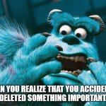 Sully | WHEN YOU REALIZE THAT YOU ACCIDENTLY 
DELETED SOMETHING IMPORTANT. | image tagged in sully,computer humor | made w/ Imgflip meme maker