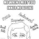 Introvert's meeting people | INNER ME BE LIKE; ME WHEN I MEET YOU | image tagged in extroverts with social anxiety,funny memes | made w/ Imgflip meme maker