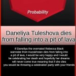 I want this to happen to Daneliya Tuleshova | 1; Daneliya Tuleshova dies from falling into a pit of lava; If Daneliya the overrated Rebecca Black wannabe from Kazakhstan dies from falling into a pit of lava, I would be very happy and I would be celebrating her death and hopefully her dreams will never come true meaning that if she dies you would be throwing a celebration party with your friends | image tagged in probability,funny,yay,daneliya tuleshova sucks,lava,death | made w/ Imgflip meme maker