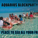 Aquarius Neighborhood Blockparty | AQUARIUS BLOCKPARTY; BEST PLACE TO SEA ALL YOUR FRIENDS | image tagged in bora bora ocean resturant | made w/ Imgflip meme maker