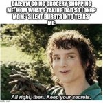 keep your secrets | DAD: I'M GOING GROCERY SHOPPING
ME: MOM WHAT'S TAKING DAD SO LONG?
MOM: *SILENT BURSTS INTO TEARS*
ME: | image tagged in keep your secrets | made w/ Imgflip meme maker