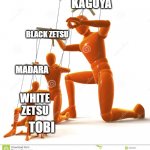 who controls who in Naruto Shippuden | KAGUYA; BLACK ZETSU; MADARA; WHITE ZETSU; TOBI | image tagged in puppet hierarchy | made w/ Imgflip meme maker