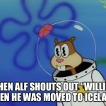 Sandy Meme | WHEN ALF SHOUTS OUT “WILLIE!” WHEN HE WAS MOVED TO ICELAND. | image tagged in sandy cheeks peeved | made w/ Imgflip meme maker
