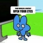 bfb is the real world | YOUR WORLDS A FANTASY; OPEN YOUR EYES | image tagged in bfb,memes | made w/ Imgflip meme maker