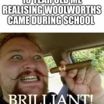 Brilliant | 10 YEAR OLD ME REALISING WOOLWORTHS CAME DURING SCHOOL | image tagged in brilliant | made w/ Imgflip meme maker