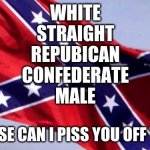 Confederate Flag | WHITE
STRAIGHT
REPUBICAN
CONFEDERATE
MALE; HOW ELSE CAN I PISS YOU OFF TODAY? | image tagged in confederate flag | made w/ Imgflip meme maker