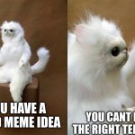 Weird cat | YOU HAVE A GOOD MEME IDEA; YOU CANT FIND THE RIGHT TEMPLATE | image tagged in weird cat | made w/ Imgflip meme maker