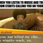 You just killed my vibe | WHEN YOU LISTEN TO MUSIC AND THEN
YOUR MOM STARTS CALLING YOU ON YOUR PHONE | image tagged in you just killed my vibe,memes,meme,funny,fun,music | made w/ Imgflip meme maker