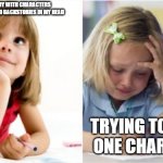 Art struggles | MAKING A STORY WITH CHARACTERS AND  WELL DEVELOPED BACKSTORIES IN MY HEAD; TRYING TO DRAW ONE CHARACTER | image tagged in dreaming crying writing girl | made w/ Imgflip meme maker