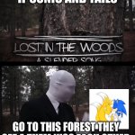 Slender hang a picture of tails x sonic | IF SONIC AND TAILS; GO TO THIS FOREST THEY SEE A THEM KISS EACH OTHER | image tagged in slender man hang a page on a tree,tails the fox,x,sonic meme,memes,slenderman | made w/ Imgflip meme maker