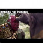 Avengers | Me plucking hair from rice | image tagged in thanos taking the mind stone | made w/ Imgflip meme maker
