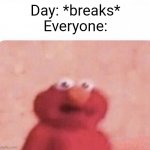 Uh oh. | Day: *breaks*
Everyone: | image tagged in shook elmo | made w/ Imgflip meme maker