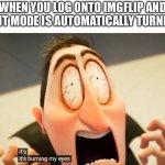[Insert title here] | WHEN YOU LOG ONTO IMGFLIP AND BRIGHT MODE IS AUTOMATICALLY TURNED ON: | image tagged in it's burning my eyes | made w/ Imgflip meme maker
