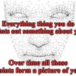 Everything you do says something about you Points of data | Everything thing you do points out something about you; Over time all those points form a picture of you | image tagged in data points face human,life,society,people,sociological,psychology | made w/ Imgflip meme maker