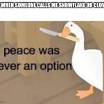 Do not call me clown or else | ME WHEN SOMEONE CALLS ME SNOWFLAKE OR CLOWN: | image tagged in peace was never an option | made w/ Imgflip meme maker