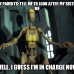 Well I guess I'm in charge now | MY PARENTS: TELL ME TO LOOK AFTER MY SISTER
ME; WELL, I GUESS I’M IN CHARGE NOW | image tagged in well i guess i'm in charge now | made w/ Imgflip meme maker
