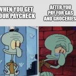 Inflation lately | AFTER YOU PAY FOR GAS AND GROCERIES; WHEN YOU GET YOUR PAYCHECK | image tagged in squidward happy/sad | made w/ Imgflip meme maker
