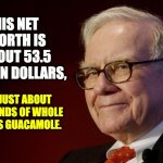 Buffet | HIS NET WORTH IS ABOUT 53.5 BILLION DOLLARS, OR JUST ABOUT 8 POUNDS OF WHOLE FOODS GUACAMOLE. | image tagged in warren buffett | made w/ Imgflip meme maker