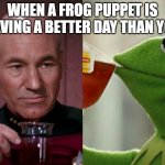 Picard, Earl Grey, Kermit, Lipton | WHEN A FROG PUPPET IS HAVING A BETTER DAY THAN YOU | image tagged in picard vs kermit | made w/ Imgflip meme maker