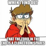 Me | WHEN I FIND OUT; THAT THE TORD IN THE END IS A CLONE FROM SPARES | image tagged in uncomfortable,tord,eddsworld | made w/ Imgflip meme maker