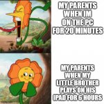 insert title here | MY PARENTS WHEN IM ON THE PC FOR 20 MINUTES MY PARENTS WHEN MY LITTLE BROTHER PLAYS ON HIS IPAD FOR 6 HOURS | image tagged in sunflower | made w/ Imgflip meme maker